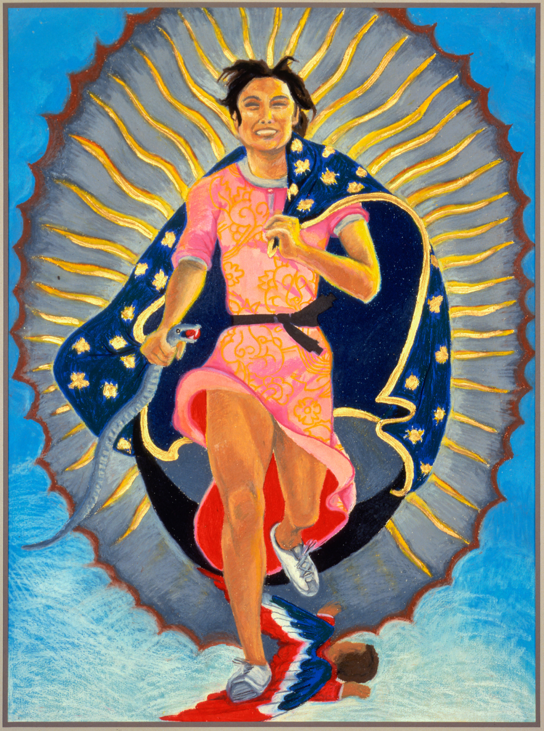 A painting of a golden brown woman smiling and running. She wears a pink dress and holds both a snake and a flag with stars trailing behind her. In the background is a shell-like oval design, like Boticelli's Venus. Beneath her is a winged cherub in red, white, and blue.