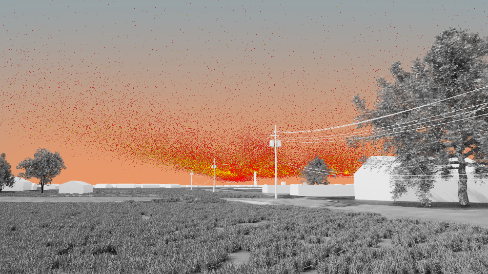 a digital rendering of a landscape depicting a farm with power lines, trees, and houses in the distance with brightly colored particulates scattered in the air