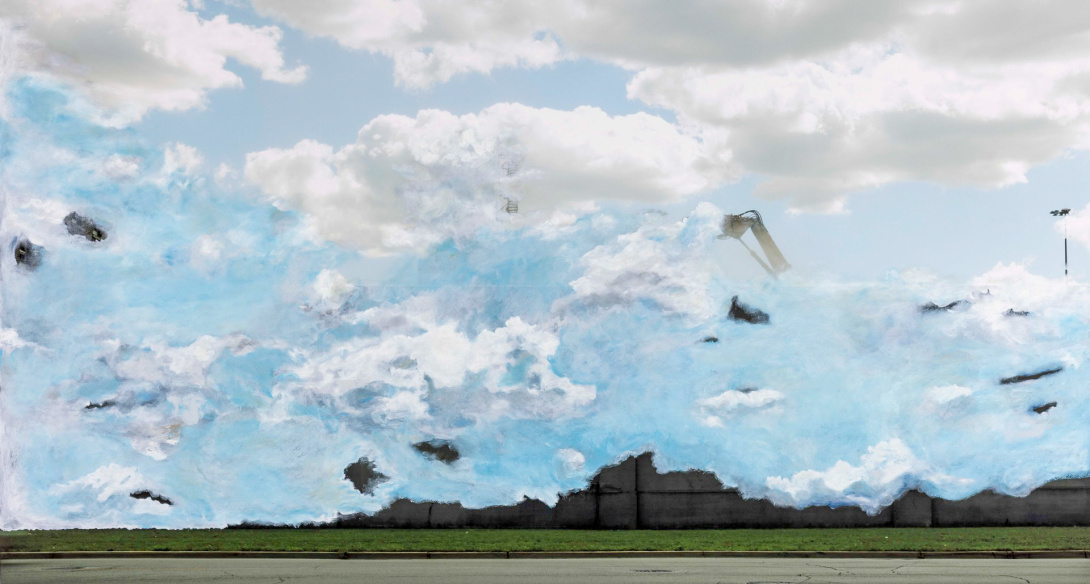 A blue sky and clouds initially looks peaceful, but small details of detriment appear in the sky, looking ominous. The painting appears to be of the sky, but at the bottom, a street, grass, and prison appear from behind the clouds.