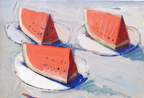 Three slices of vibrant pink watermelon rest on white plates. The texture of the painted image is similar to frosting, the paint creating ridges and soft folds.  